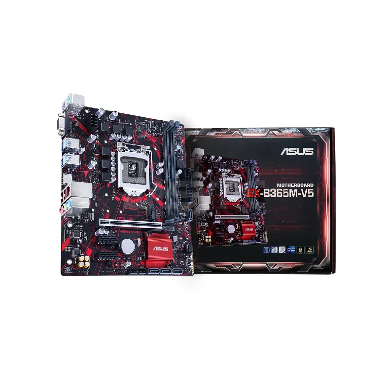 ASUS EX-B365M-V5   Intel B365 LGA 1151 mATX motherboard feature with luminous anti-moisture coating, SafeSlot Core+, USBGuard, LANGuard, DDR4 2666MHz, HDMI, D-Sub, SATA 6Gbps and USB 3.2 Gen 1, and 8-pin power connector Motherboard