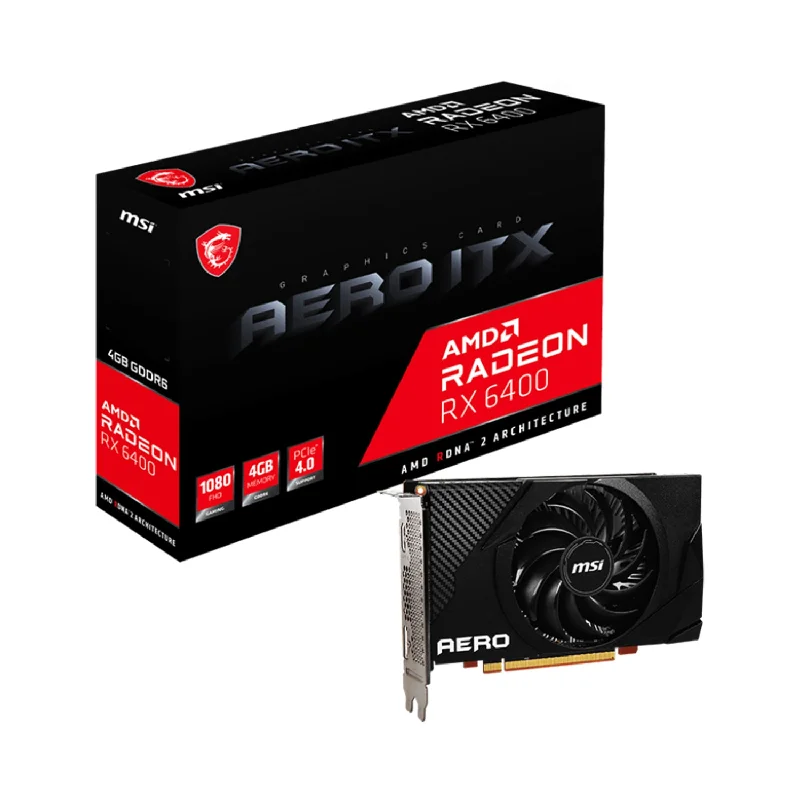 MSI Radeon RX 6400 AERO ITX 4G DDR6 Graphics Card PCIe 4 Single Fan FreeSync DirectX 12 VR Ready HDMI, DP