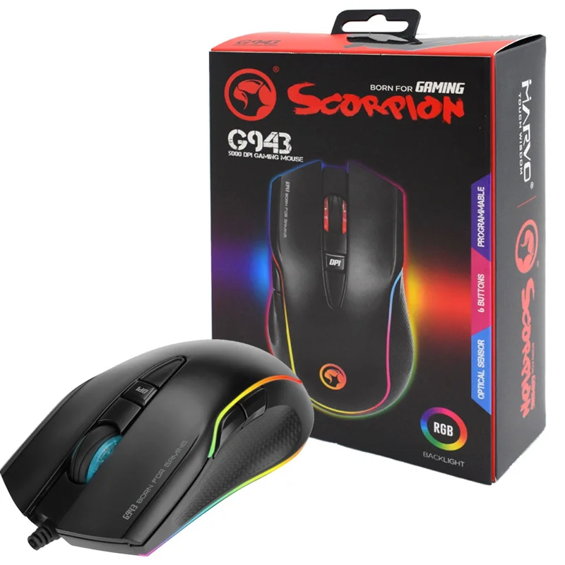 Scorpion G943 RGB Gaming Mouse, Adjustable up to 5000dpi, 6 Programmable Buttons, Black